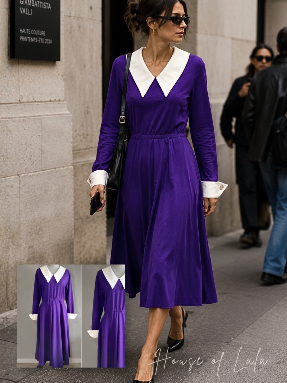 Vintage Purple Mod Collar Dress. Midi Dress. Dagger Collar, Modest, Full Skirt.